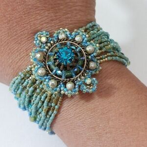 Vintage Satellite Paris Blue Green Beadwork Bracelet with Hook and Loop Clasp